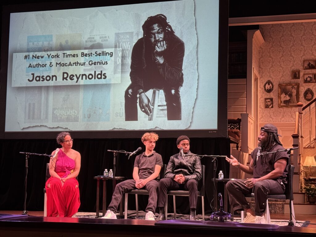 Shannon Gibney, Asher Park, and Boisey Corvah in conversation with author, Jason Reynolds. Guthrie Theater, May 8, 2025